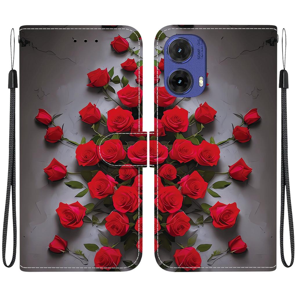 Handgefertigte PU-Leder-Flip-Hülle für Motorola Moto G85 Rutschfeste stoßfeste Abdeckung mit Handschlaufe & Herz/Rose Katze Designs