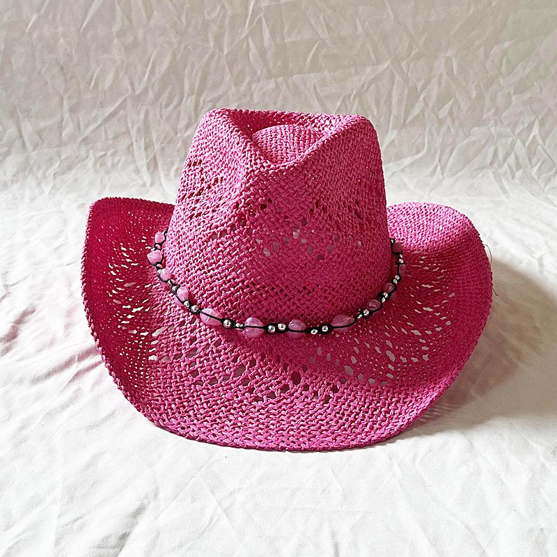 Handmade Hollow Out Cowboy Hat Love Bead Embellished Rolled Brim Western Summer Beach Sun Hat for Women