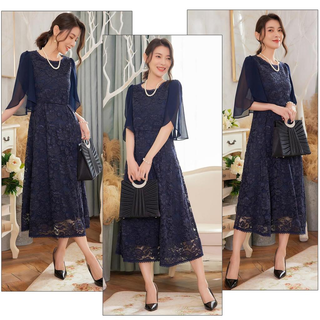 DEEPEYES Lace Formal Short Party Perfect for and Special Plus Size Midi-Length Dress, Sleeves, Dress, Weddings, Receptions, Occasions, (L, Navy)