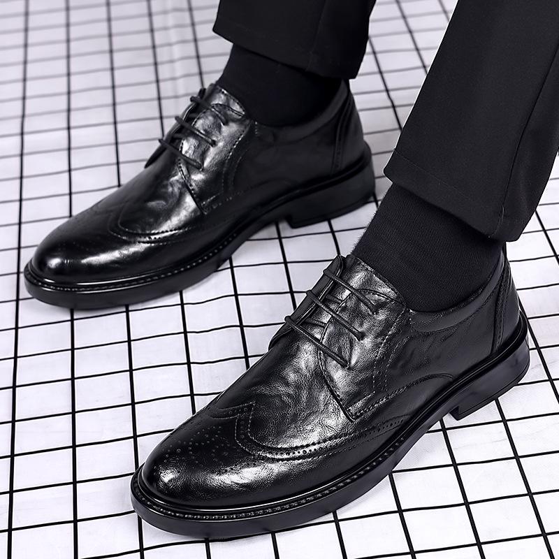 Men's Black Leather Brogue Shoes - Formal, Casual, Wedding, and Business Suit Style.