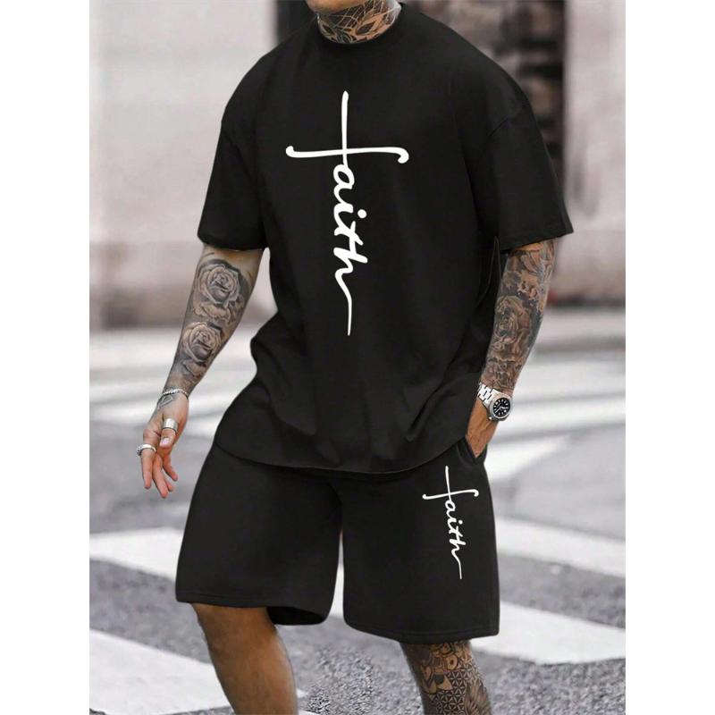 Męski Letni Zestaw Krótkich Spodenek z Krótkim Rękawem z Nadrukiem Krzyża Casualowy Modny Temperament 2-częściowy Streetowy Sesja Wakacyjny Zestaw T-shirtu z Okrągłym Dekoltem