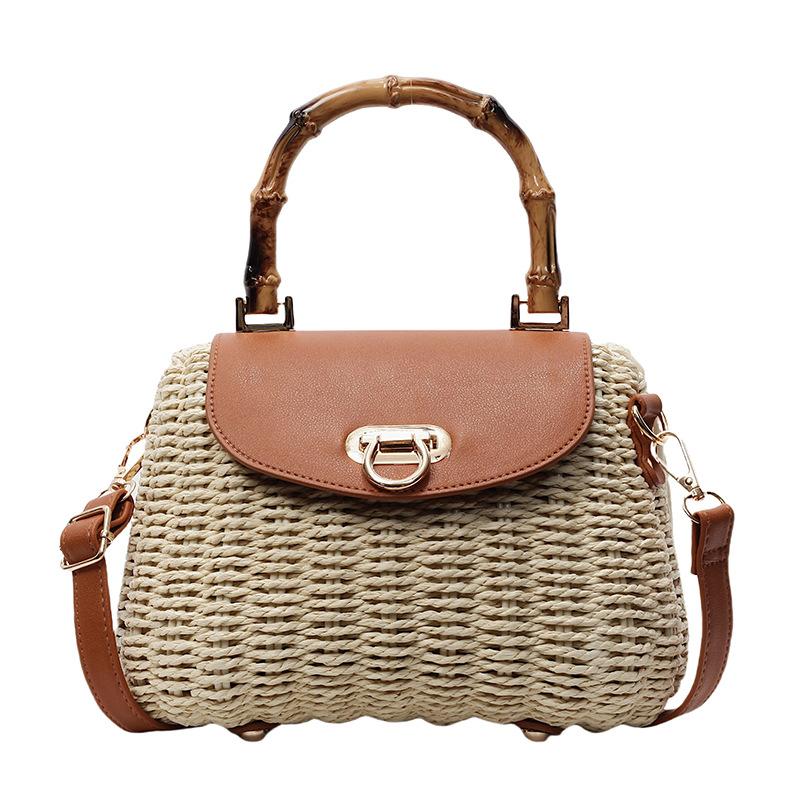 Woven Shoulder Messenger Women's Bag Retro Straw Woven Bag Seaside Leisure Vacation Beach Bag Lock Small Square Bag