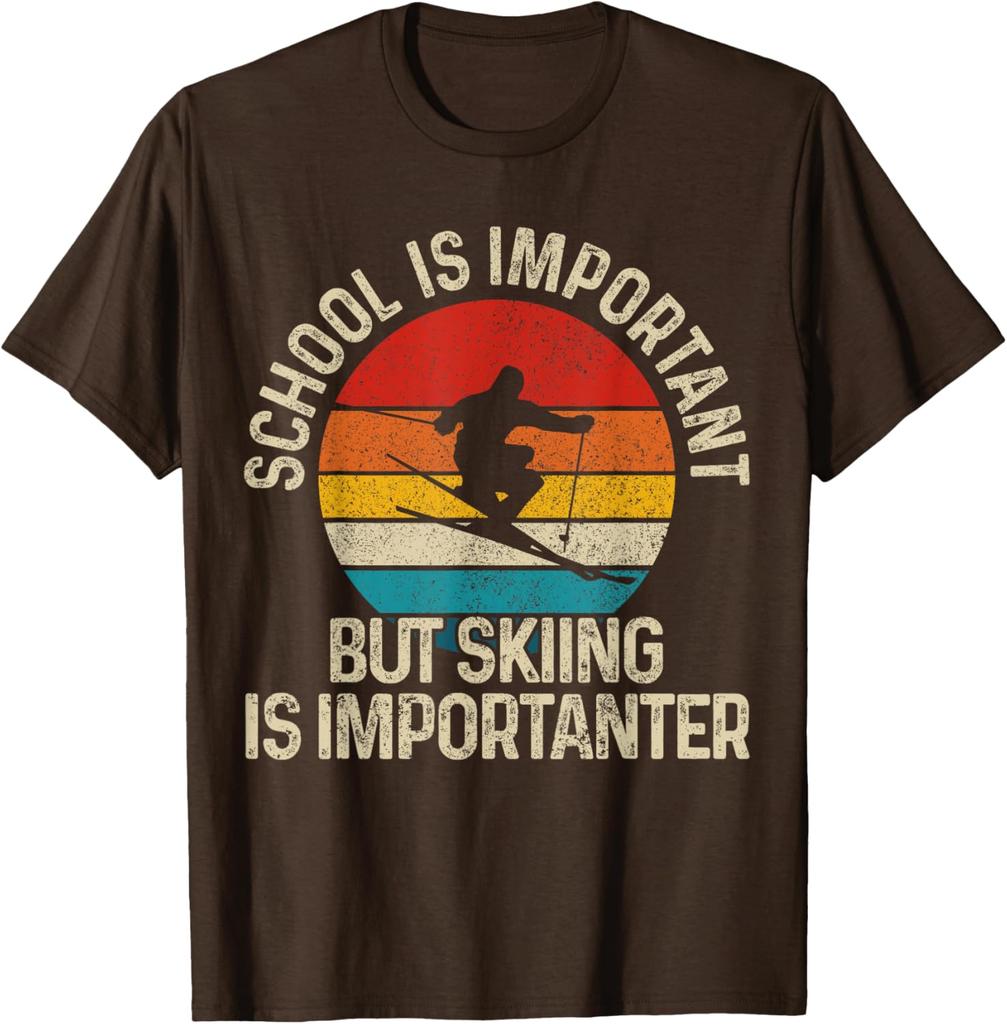 Skiing is Importanter Than School Funny Retro Sunset Graphic Tee Unisex Casual TShirt