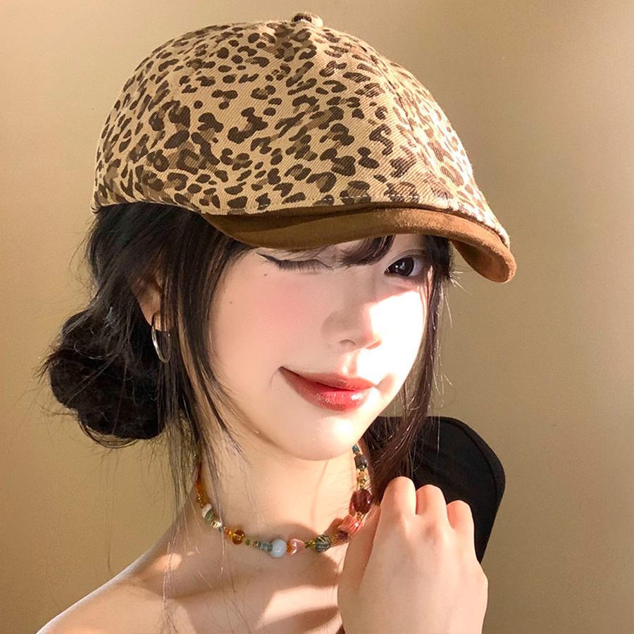 Vintage American Leopard Print Forward Cap Headband Women's Autumn Spring Versatile Beret Hat Trendy