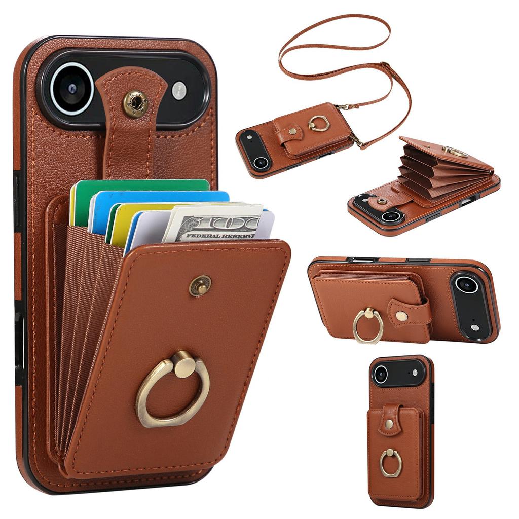 For iPhone Air Case Card Holder Ring Kickstand TPU + PU Leather Phone Cover with Long Strap