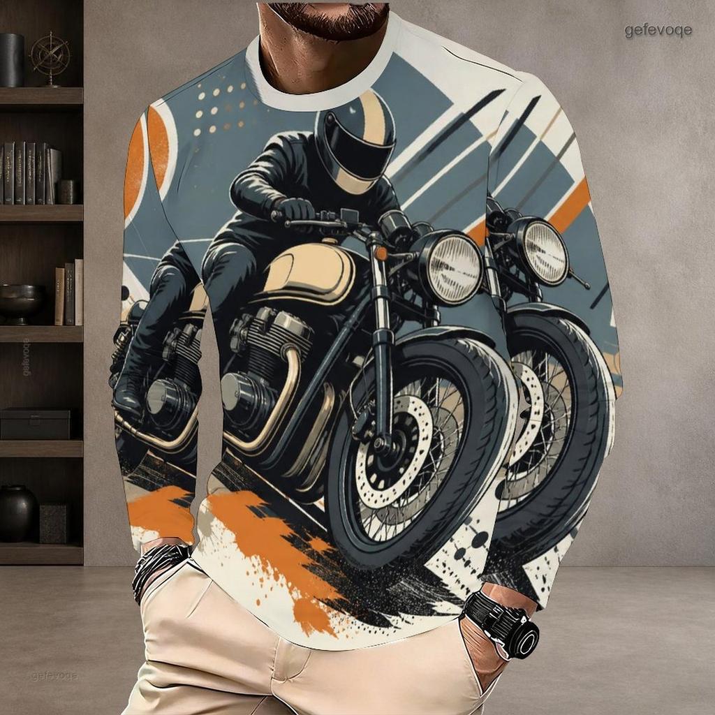 Men's Autumn and Winter Motorcycle 3D Printed Crew Neck Long Sleeve T-Shirt