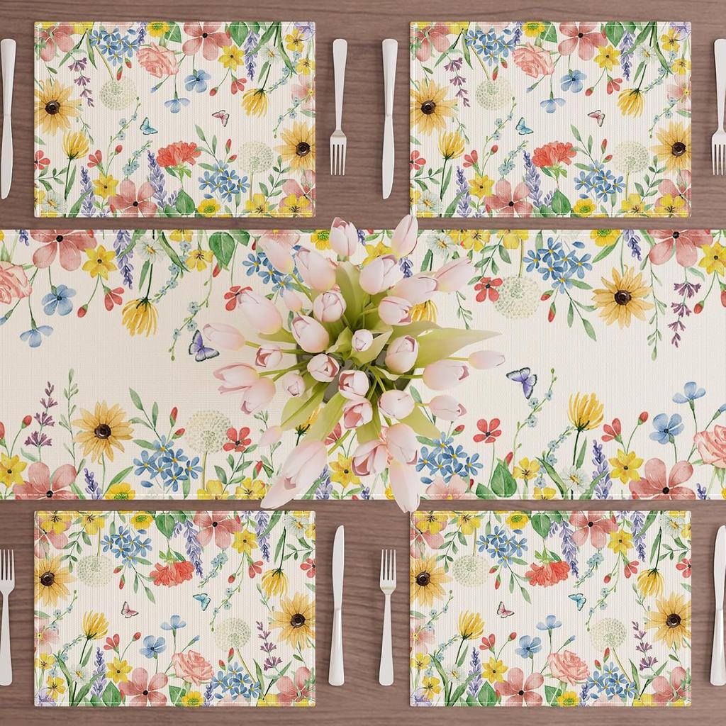 Watercolor Wildflowers Spring Placemats Set of 6 Summer Table Mats for Party Home Kitchen Dining Table Decorations 12x18 Inch