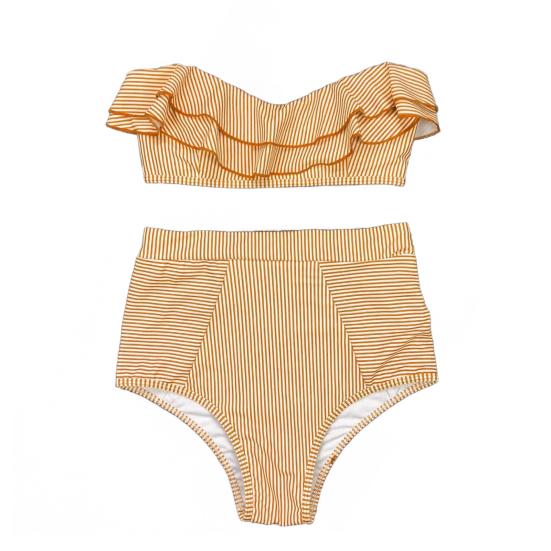 2Pcs/Set Women Bikini Set Ruffle Trim Bandeau Padded Push-Up Bra High Waisted Briefs Set Striped Print Beachwear