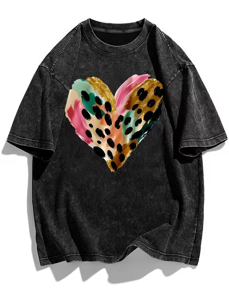 Vintage Washed Leopard Zebra Heart Print TShirt Wild Animal Pattern Casual Short Sleeve Soft Loose Streetwear Unisex Daily Top