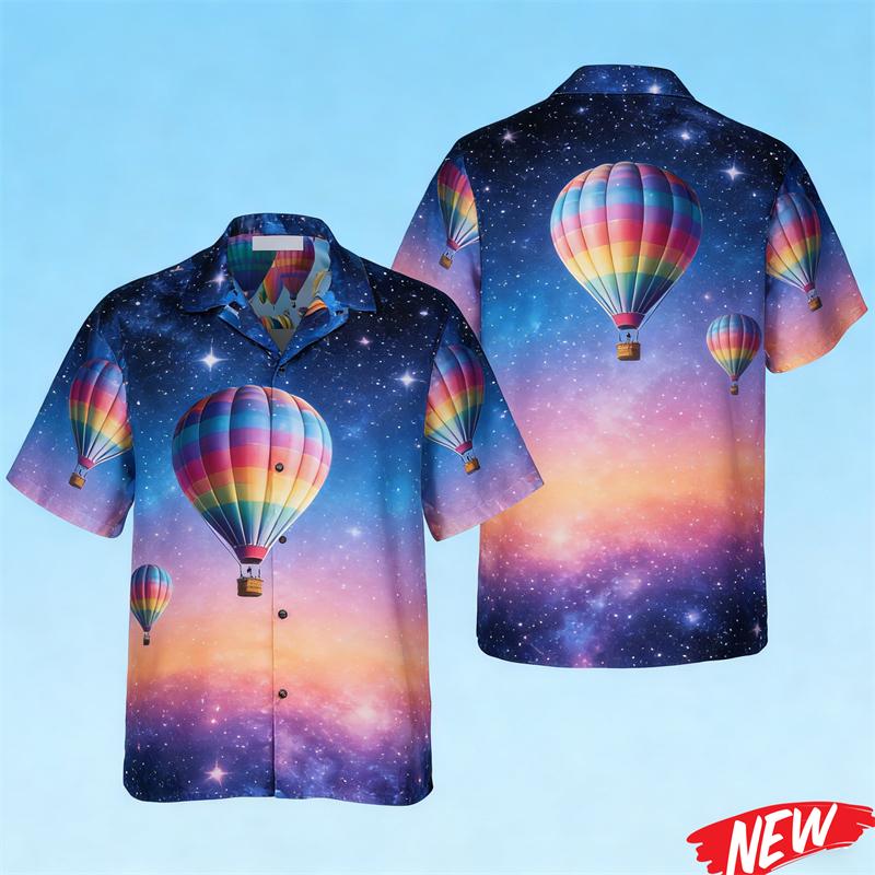 Camisa Hawaiana Gráfica de Globo Aerostático para Hombres Mujeres Verano Playa Vacaciones Camisas Moda Calle Solapa Manga Corta Camisa Tops