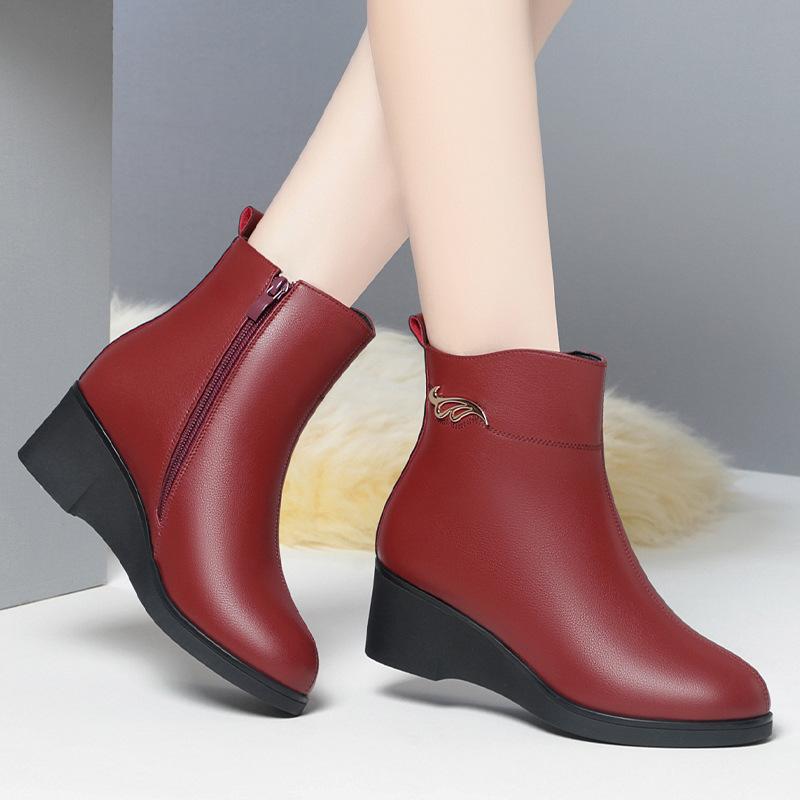 Wedge heel short boots women's, autumn and winter soft leather boots comfortable Martin boots velvet leather shoes medium heel women's boots