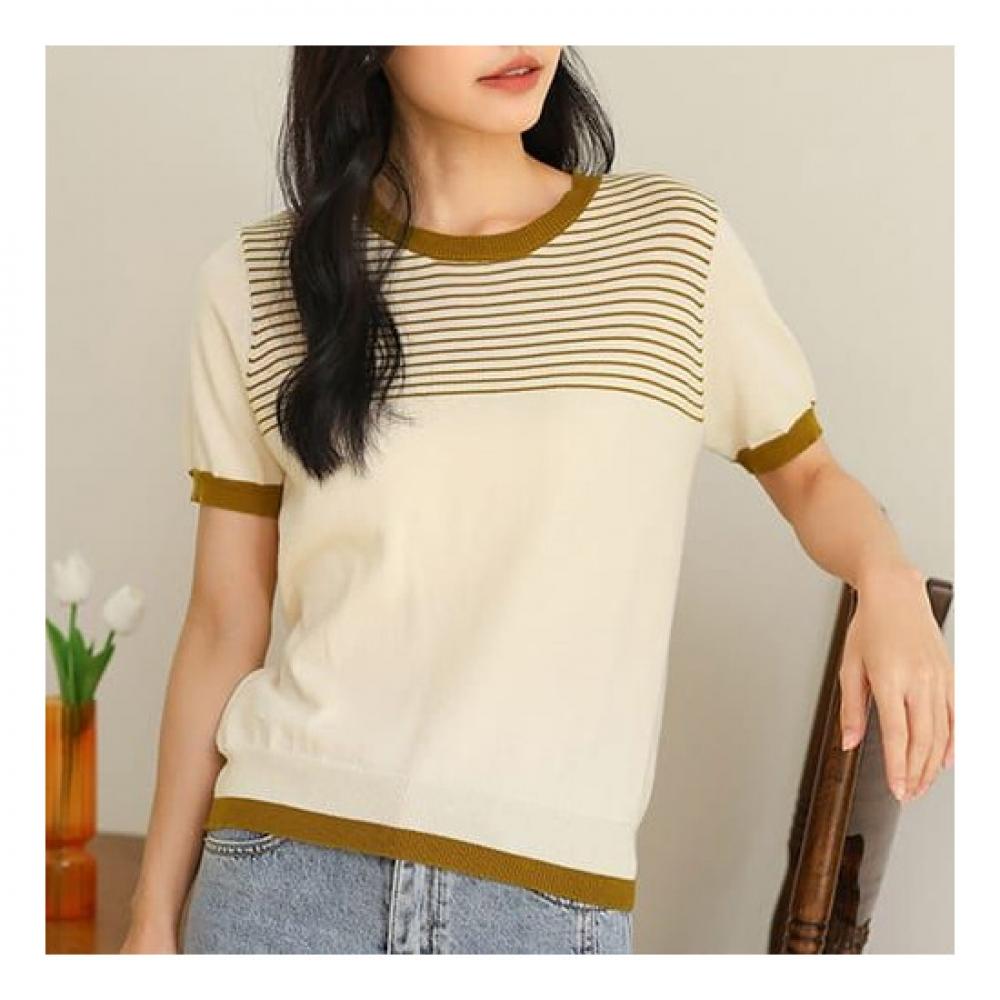 Navava Nk2064 Stripe Point Short Sleeve Knit