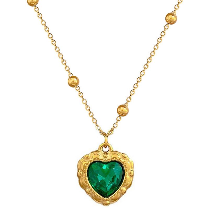 Luxury Gold Color Stainless Steel Heart Emerald Pendant Necklace for Women Classic Green Crystal Bride Collar Jewelry Accessory