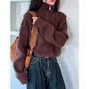 Women's Red High-Collar Zipper Knit Sweater - Short, Thick, Loose Fit for Autumn/Winter