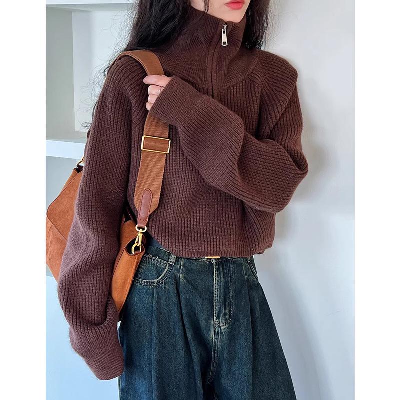Women's Red High-Collar Zipper Knit Sweater - Short, Thick, Loose Fit for Autumn/Winter