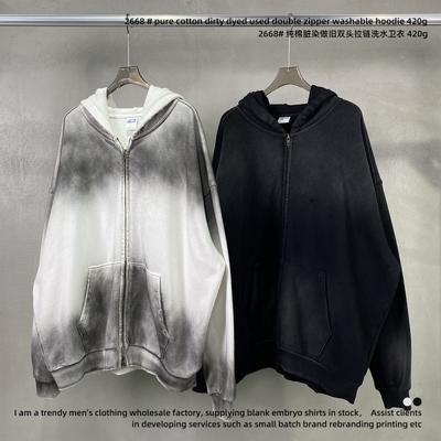 Sudadera de Algodón Oversize con Doble Cremallera Estampado Degradado Vintage Lavado Ropa Urbana Unisex Sudadera Otoño