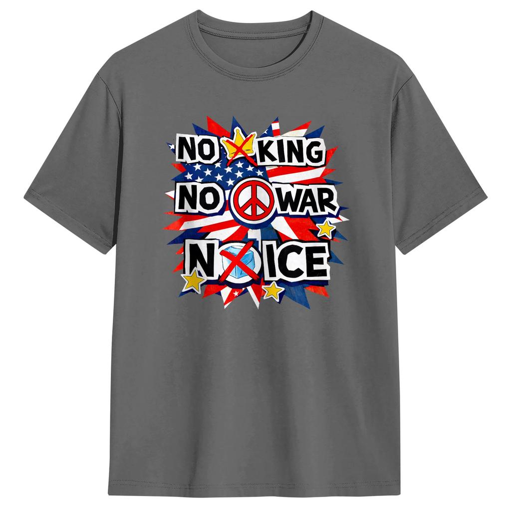 No King No War No ICE Patriotic Poster TShirt for Unisex Crazy Cotton Tee Shirt Round Neck Short Sleeve T Shirts Original Clothes