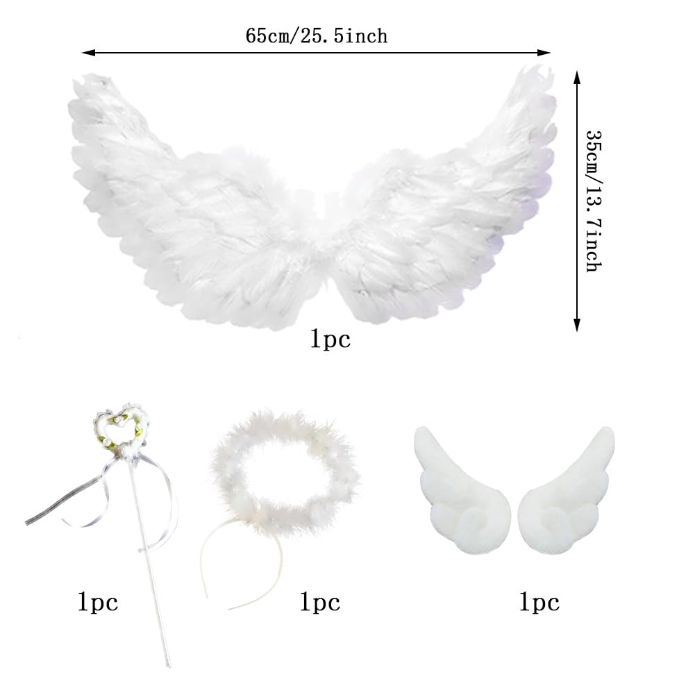 Joyasslly Angel Wings Cosplay Set for Angel Heart Wing and Hair Cute Angel Costume Accessories for Halloween and Unisex Kids, Wings, Ring, Stick,