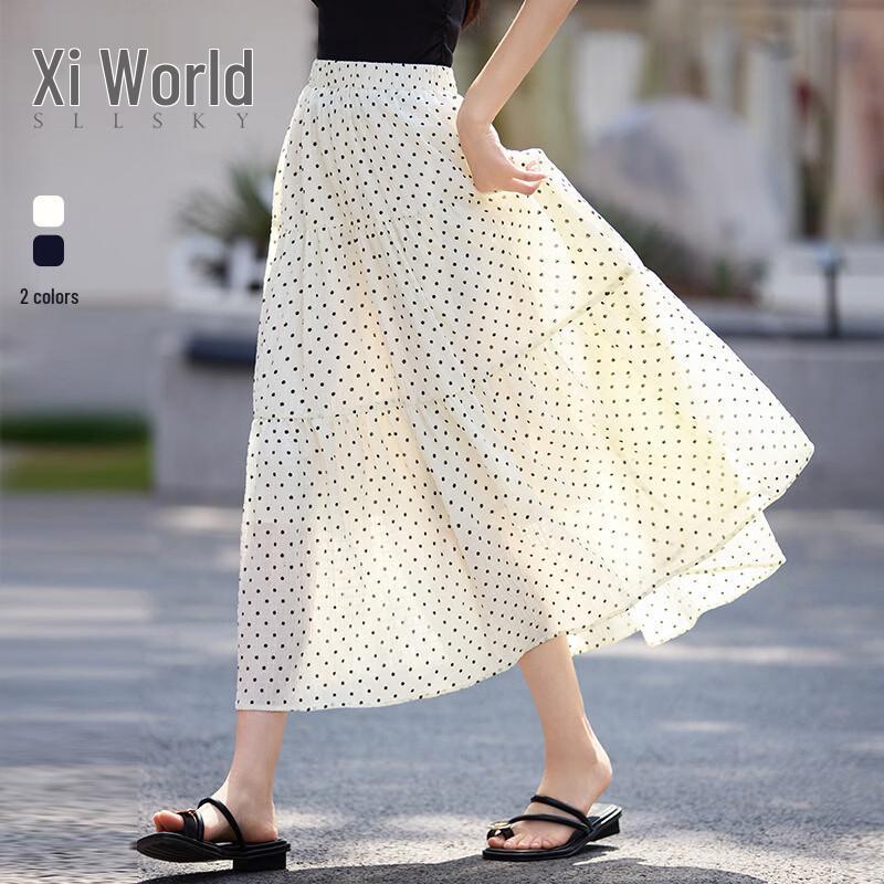 Women s Summer Retro High-Waist Polka Dot Chiffon A-Line Skirt M