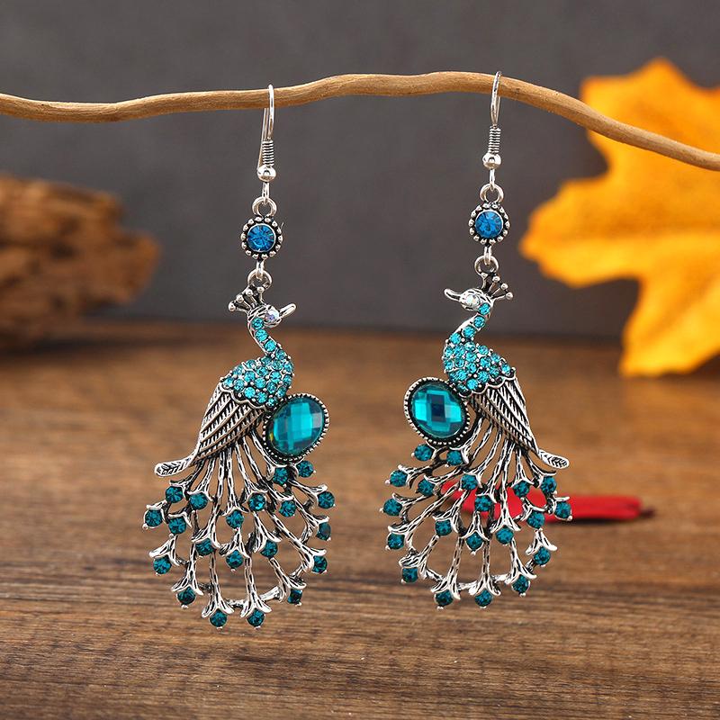 Vintage Ethnic Colroful Rhinestone Peacock Dangle Earrings For Women Long Classic Silver Color Animal Earrings Female Jewelry