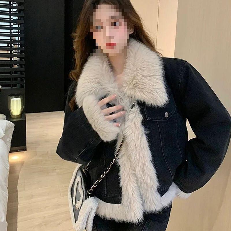 Thickened and thickened short cotton clothes plush denim jacket autumn and winter new fried street lamb splicing top