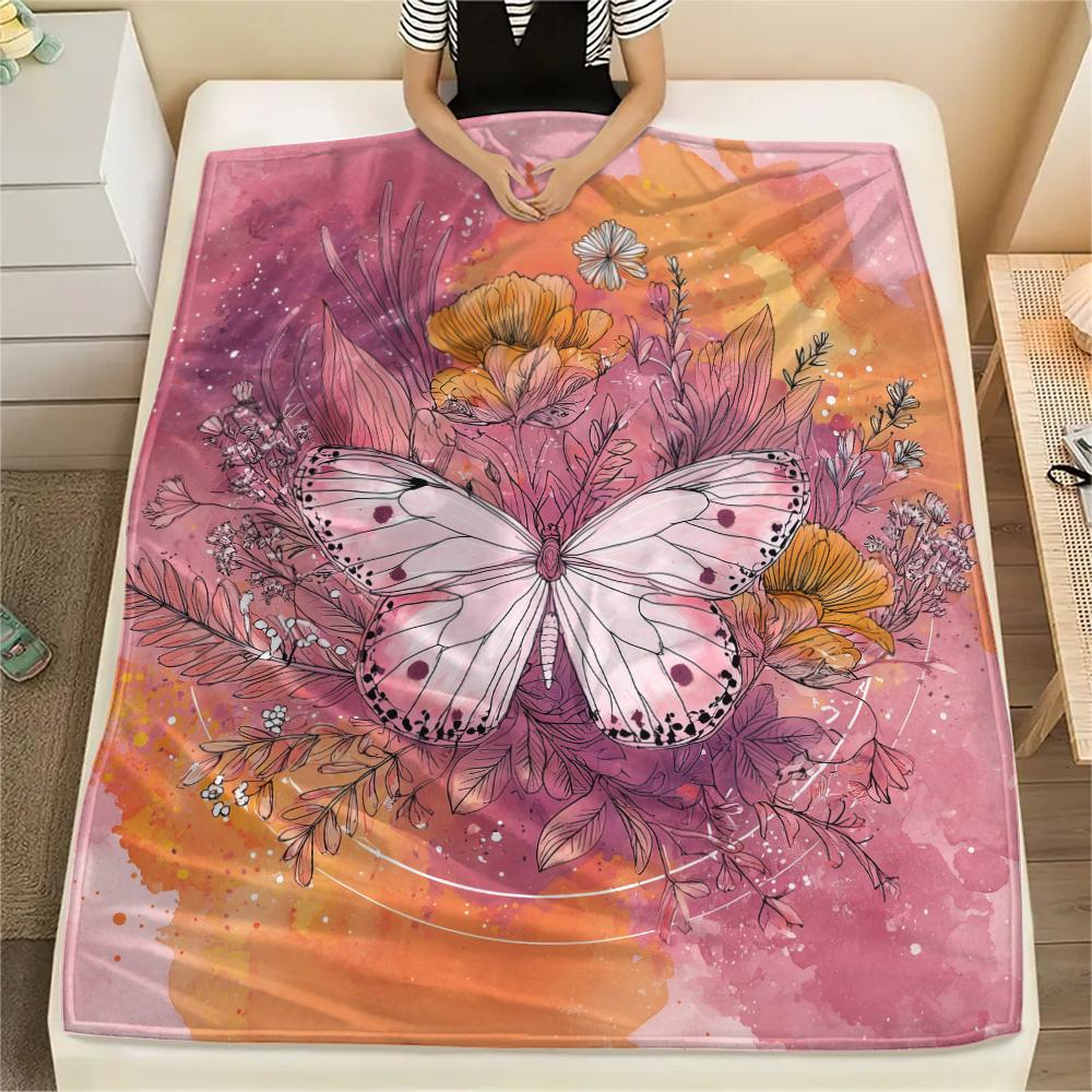 Flower Butterfly  Print Flannel Blanket, High quality Comfortable for All Seasons, Home Decor, Warmth and Comfort
