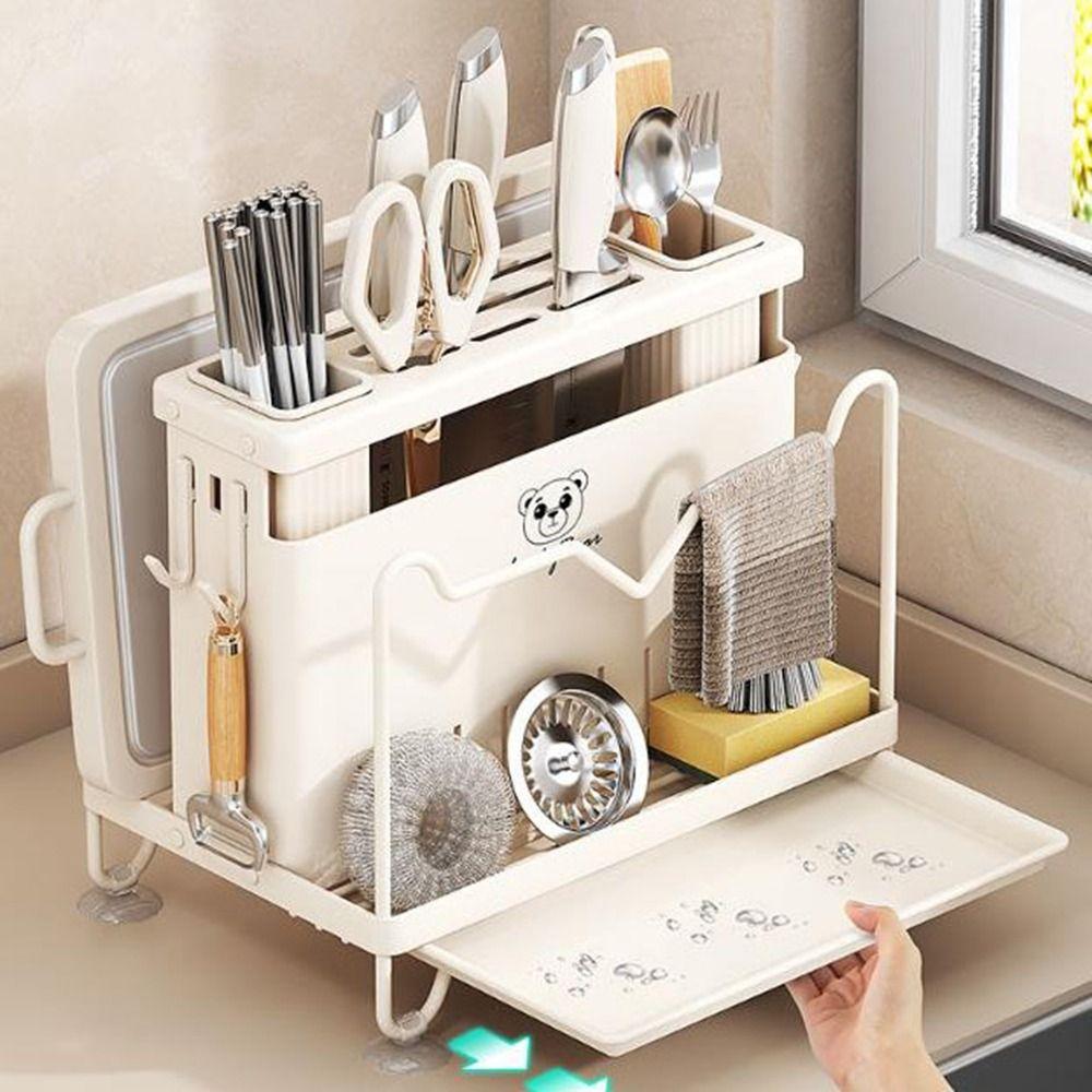 Modern Stable Cutter Holder Large Capacity Anti-slip Cutlery Drying Rack with Water Tray Space Saving Chopstick Bucket for Home