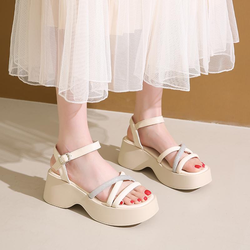 

Fashion Summer Slope Heel Sandals Women s Square Head Open Toe Crystal Thin Strap Waterproof Platform Soft Soled Non-slip Mid-heels 35