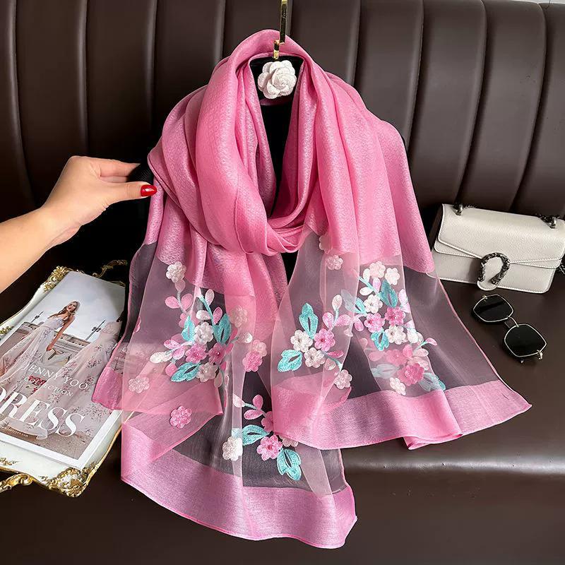 Floral Embroidery Elegant Silk Scarf Simulated Silk Soft Thin Shawl Scarf Solid Color 180*70Cm Beach Uv Protection Turban