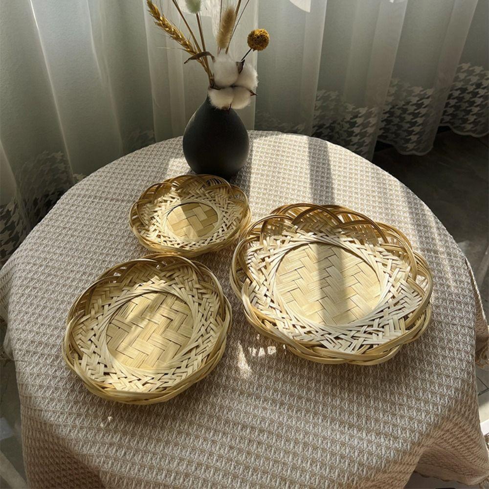 Round Wicker Bread Basket Home Organizer Bamboo Woven Basket Decorative Serving Tray  Living room
