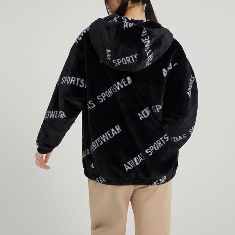 Adidas Letter Print Oversized Hoodie Jacket Women Jacket Black IB2751