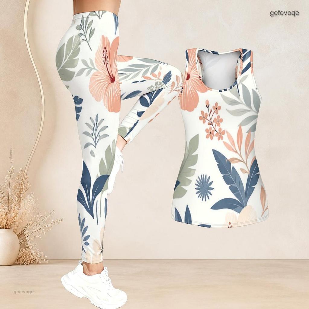 Women Plus Size Two Piece Set Scoop Neck Sleeveless Floral Printed Tank Top And Fitted Pants