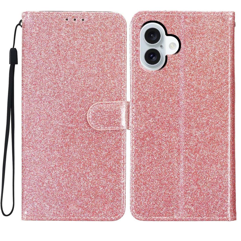 For iPhone 17 Wallet Case Glitter Anti-Scratch Leather Stand Phone Cover with Strap