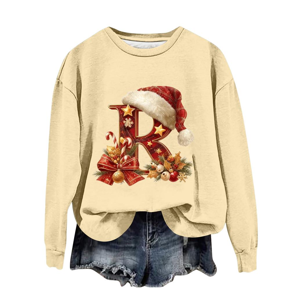 Damen Modisches Lässiges Langarm-Weihnachts-Sweatshirt mit Buchstaben-Print und Rundhalsausschnitt