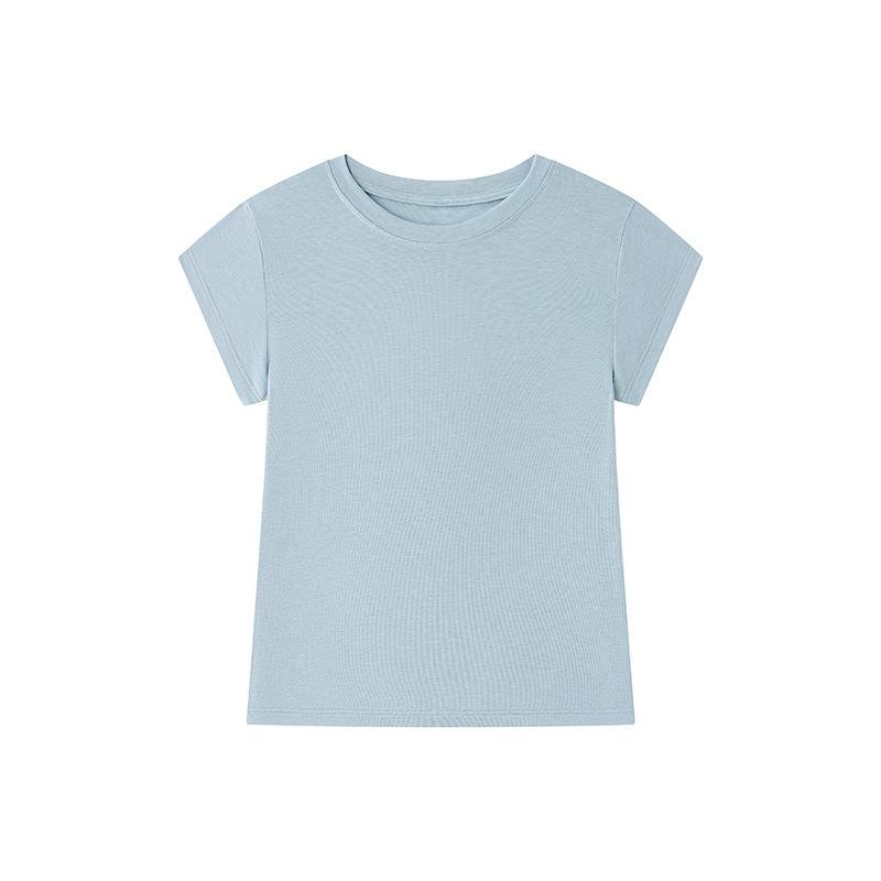 Summer Tencel Wool Short Sleeve Women's Round Neck Design Slim Fit Sleeve New Solid Color Comfortable Top