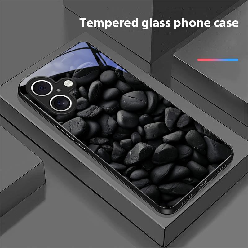 Black Apple Stone For Apple IPhone 16E 16 E 11 13 15 P Ro 14 Pro Max 12 Mini 7 8 Plus XR X XS Black Tempered Glass Phone Case