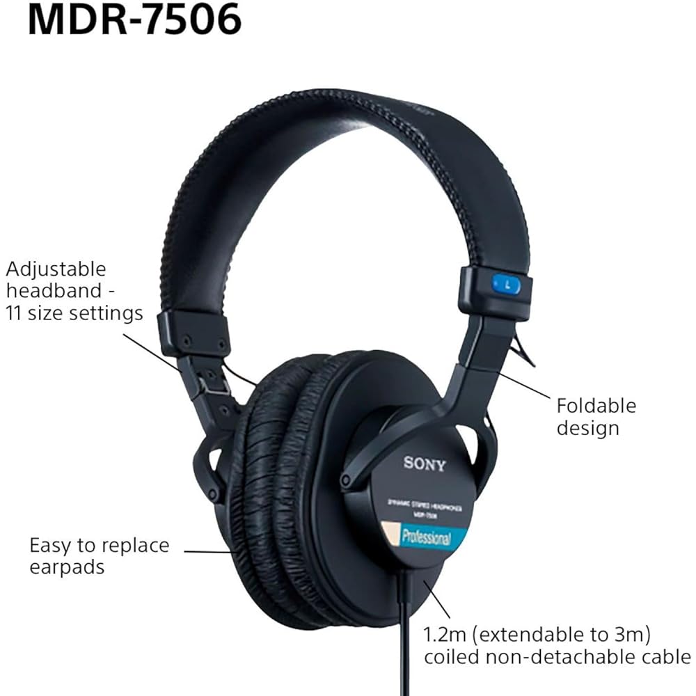 Sony MDR-7506 Stereo Headphones Over-Ear Design Professional Studio Use
