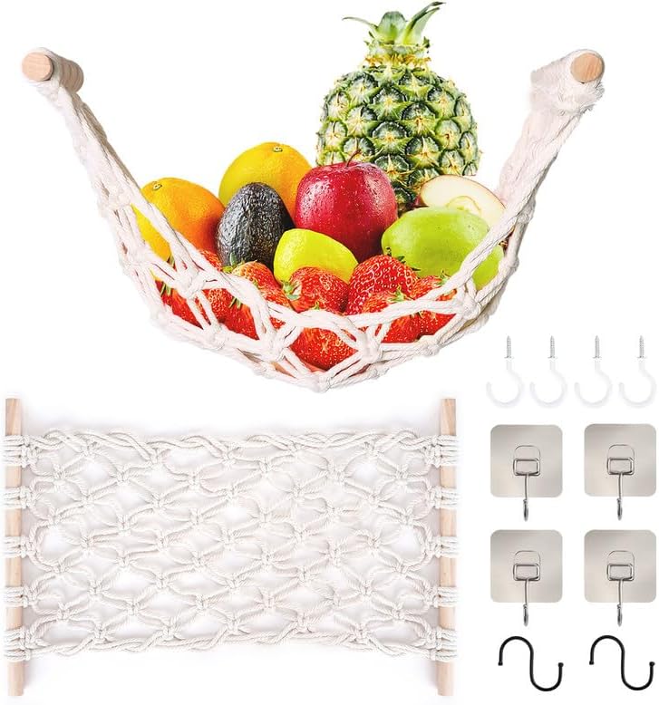 Fruit Basket Hammock Under Cabinet Adhesive, Woven Vegetable Hanging Basket, Fruit Storage for Kitchen with Banana Hook, Mesh Fruits Holder Organizati