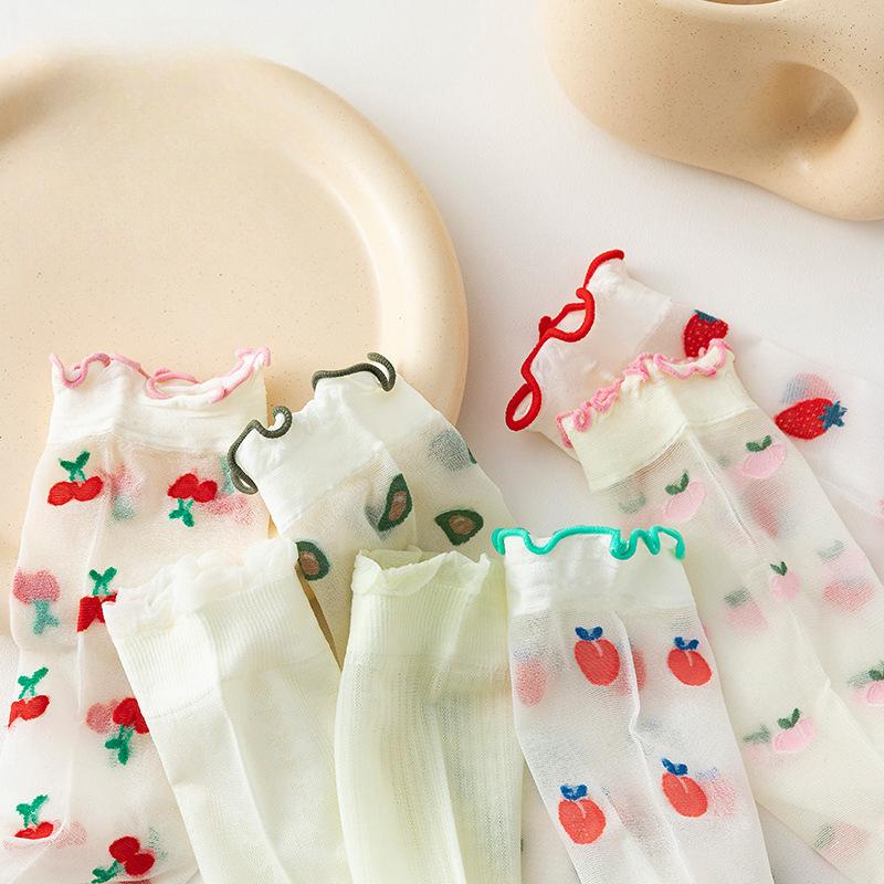 Dünne Strümpfe mit Fruchtdruck und gerollten Kanten für Damen Erdbeere Niedlich Lolita JK Kristallstrümpfe