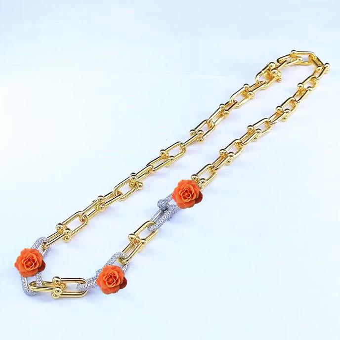 18K Gold Titanium Steel Engraved Bamboo Diamond Necklace for Women золотой