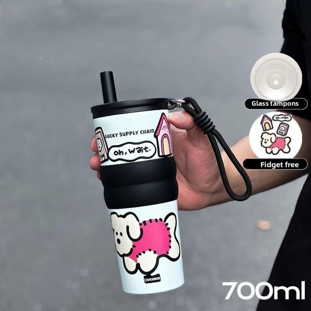 

Cute 600ML Vacuum Cup Large Capacity with Handle Thermal Bottle 316 Stainless Steel/Ceramic Straw Cup