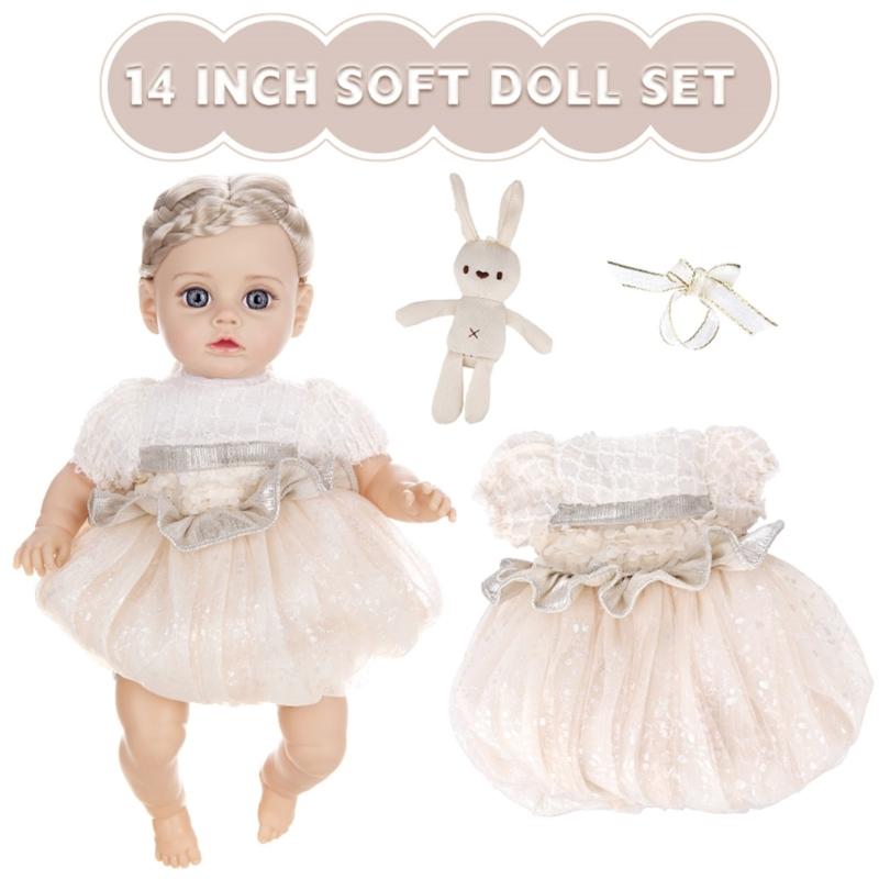 Realistic 14inch Vinyls Newborns Baby Girl Doll Realistic Child Toy Soft Doll Vinyls with Stuffed Toy Collectible
