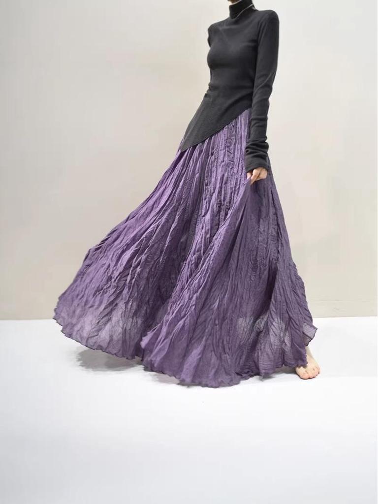 Autumn Plus Size Women's A-line Skirt - Pleated Forest Style, Cotton-Linen Texture, High Waist, Slimming, Long Hem