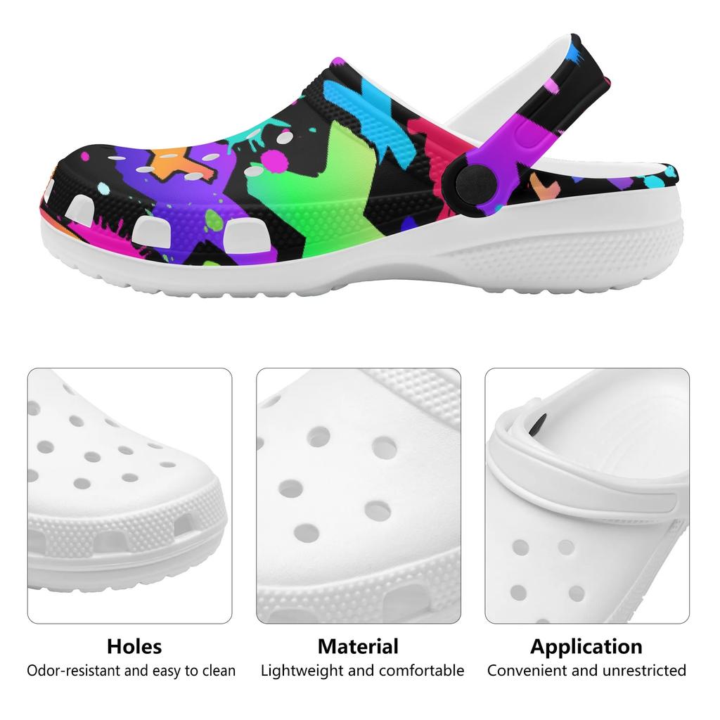 White EVA Clogs with Moon Star Print, Lightweight Slip On Garden Shoes, Breathable Beach Sandals, Indoor Outdoor Slippers for Men Women