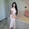 French Temperament High-end Swing Collar Slanted Shoulder Dress Waist-wrapped Hip Acetate Satin Summer New Long Skirt