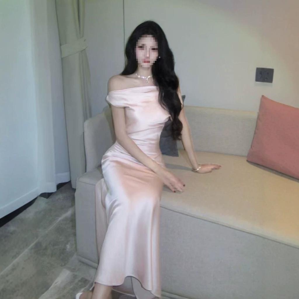 French Temperament High-end Swing Collar Slanted Shoulder Dress Waist-wrapped Hip Acetate Satin Summer New Long Skirt
