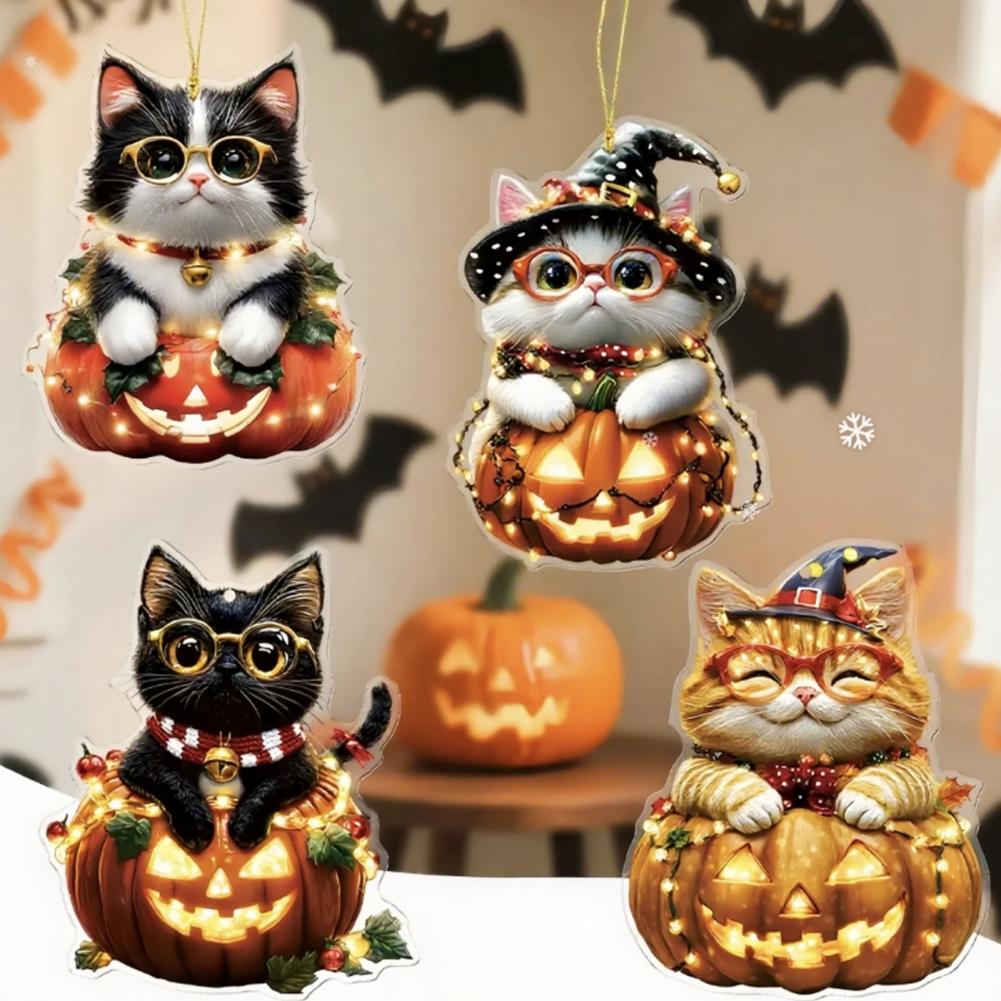 Acrylic Car Pendant Cartoon Car Mirror Decor Spooky Halloween Car Accessories Skull Cat Rearview Mirror Pendant for Backpack