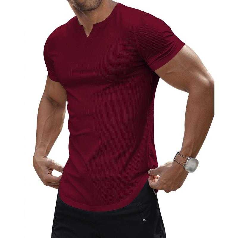 Summer Fashion V-neck Solid Color Bottomed Tee Male Short Sleeve All-match Pullover T-shirt Men Simple Top