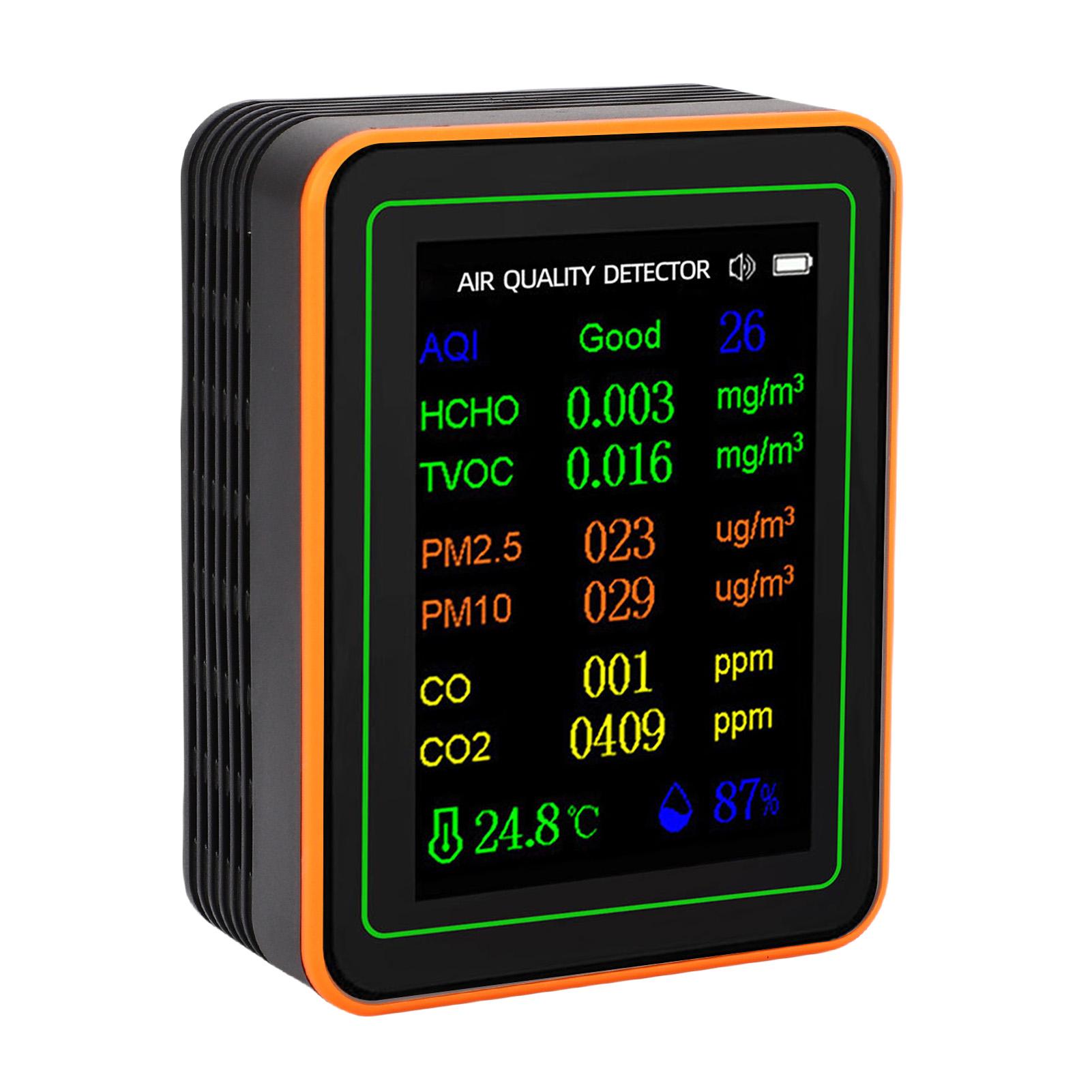 

Air Quality Detector Index CO2 TVOC HCHO PM2.5 PM10 Temperature Humidity Tester TFT Color Display Curve Viewing Black Black Orange