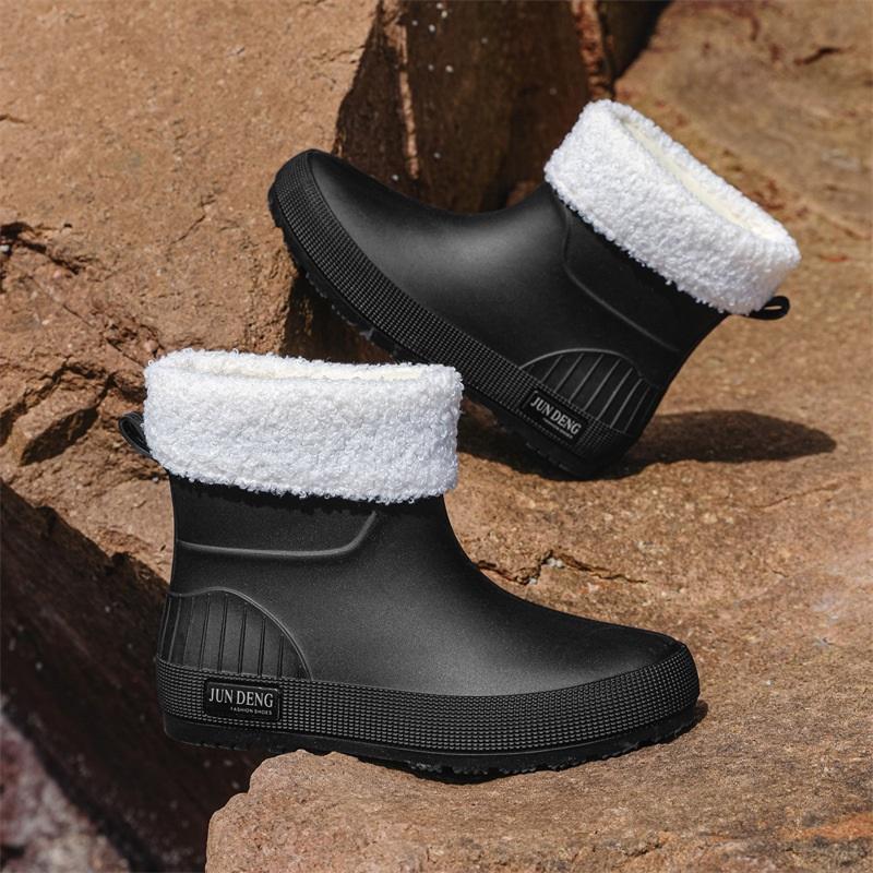 Fleece Lined Short Tube Rain Boots For Women Fashion Outdoor Slip-on Warm Boots 35-36 чёрный